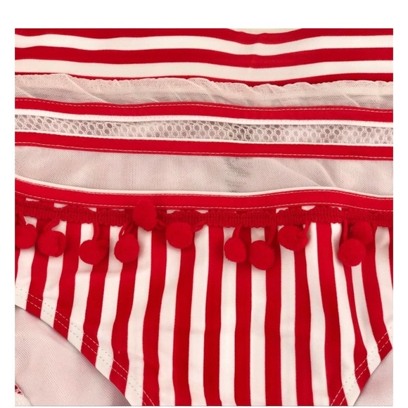 Pom Pom Mesh Insert High Waist Bikini, Red - Picture 6 of 9